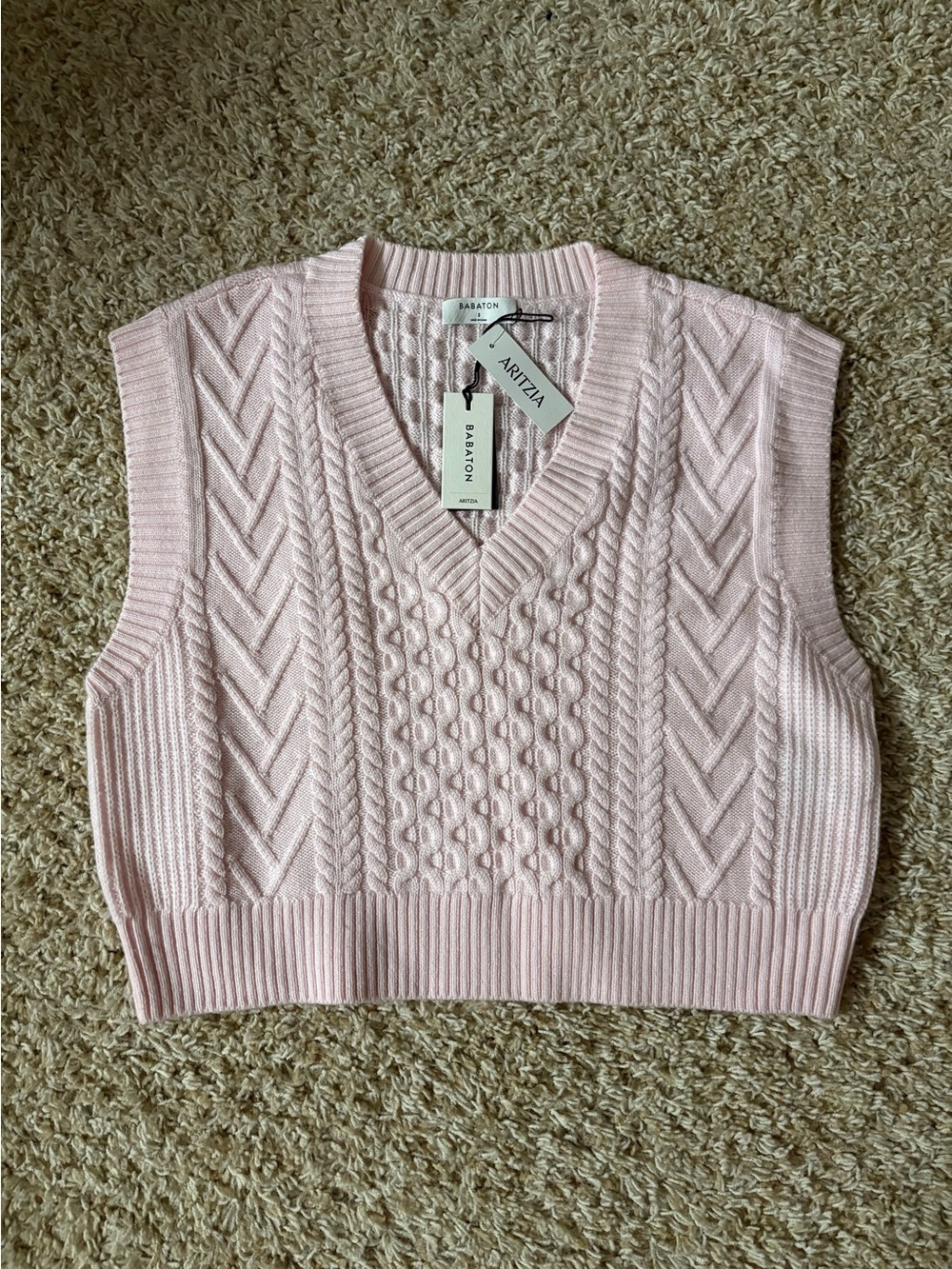 Babaton Light Pink Cable Knit V-Neck Sweater Vest